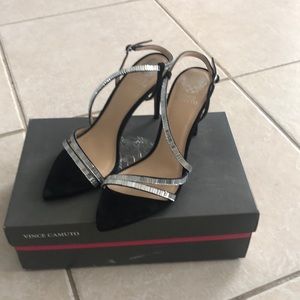 Vince Camuto Black Suede and Silver Heels Size 8.5